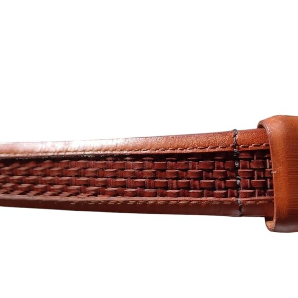 Allen Edmonds Men’s Calfskin Leather Belt Sz 36 Brown Woven Detail Gold Buckle - Picture 6 of 6